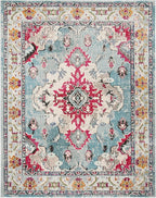 SAFAVIEH Monaco Collection Area Rug - 8' x 10', Light Blue & Fuchsia, Boho Chic Medallion Distressed Design, Non-Shedding & Easy Care, Ideal for High Traffic Areas in Living Room, Bedroom (MNC243J)