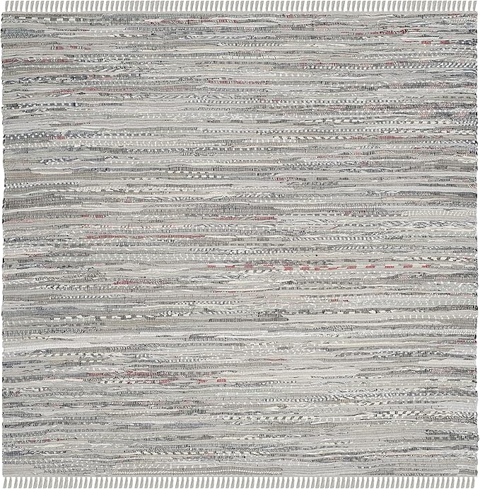 SAFAVIEH Rag Rug Collection Area Rug - 5' Square, Grey, Handmade Boho Stripe Cotton, Ideal for High Traffic Areas in Living Room, Bedroom (RAR121A)