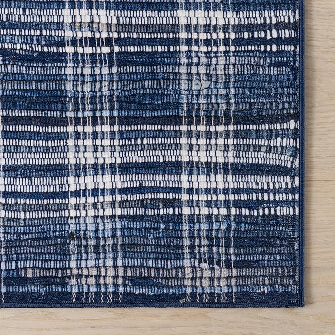 Dash & Albert Denim Plaid Blue Machine Washable Rug, 7.5 X 9.5 Feet, Blue/White Plaid Pattern