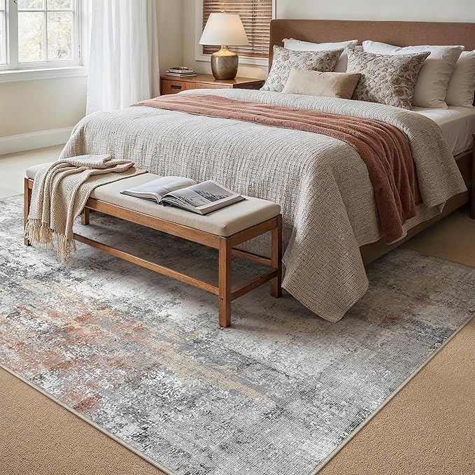 5x7 Washable Area Rug Grey Rust Abstract Living Room Bedroom Carpet Neutral Modern Non-Slip Soft Low Pile Lightweight Vacuumable Throw Rug for Dining Room Entryway