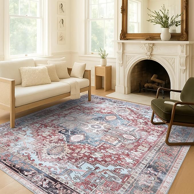 Washable Area Rug. Modern Farmhouse. Vintage. Turkish. Bohemian. Distressed. Oriental. Traditional. Rugs for Living Room. Dining. Bedroom. Office. Entryway. Foyer. (858RM, 7'5" x 9'8")