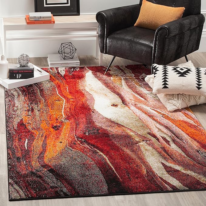 SAFAVIEH Glacier Collection 3' Round Red / Multi GLA126A Modern Abstract Non-Shedding Dining Room Entryway Foyer Living Room Bedroom Area Rug