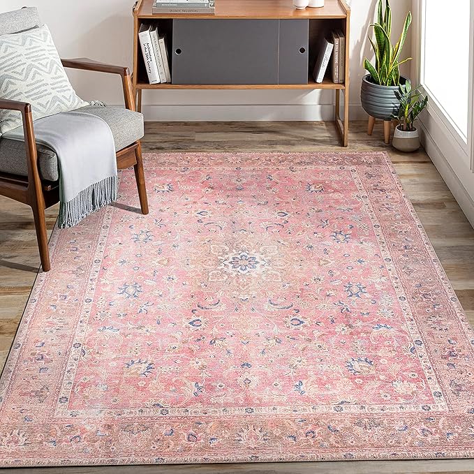 GLN Rugs Traditional Collection - Machine Washable Area Rug, Traditional Washable, Non Slip, Low Pile Chenille Rug, Living Room, Bedroom, Kitchen Rug (6' x 9' Pink/Cream)