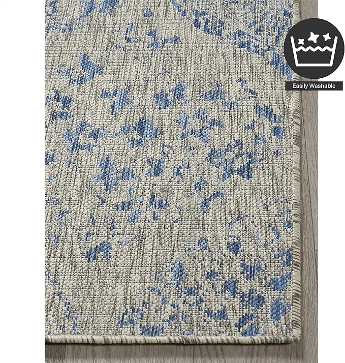 FH Home Outdoor Area Rug - Waterproof Easy to Clean Stain Resistant - Patio Indoor Outdoor Porch Deck Balcony Entryway - Distressed Farmhouse - Granada - Blue - 7ft 8in x 9ft 8in