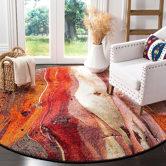 SAFAVIEH Glacier Collection 3' Round Red / Multi GLA126A Modern Abstract Non-Shedding Dining Room Entryway Foyer Living Room Bedroom Area Rug