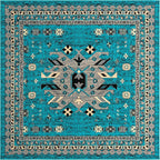 Unique Loom Taftan Collection Border Geometric Tribal Inspired Design Area Rug (8' 0 x 8' 0 Square, Turquoise/ Gray)