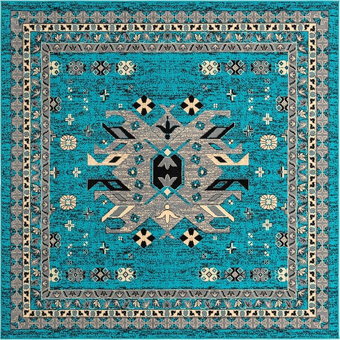 Unique Loom Taftan Collection Border Geometric Tribal Inspired Design Area Rug (8' 0 x 8' 0 Square, Turquoise/ Gray)