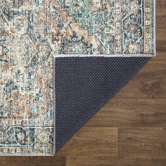 Bloom Rugs Caria Washable Non-Slip 3x5 Rug - Blue Green/Tangerine Traditional Area Rug for Living Room, Bedroom, Dining Room, and Kitchen - Exact Size: 3' x 5'