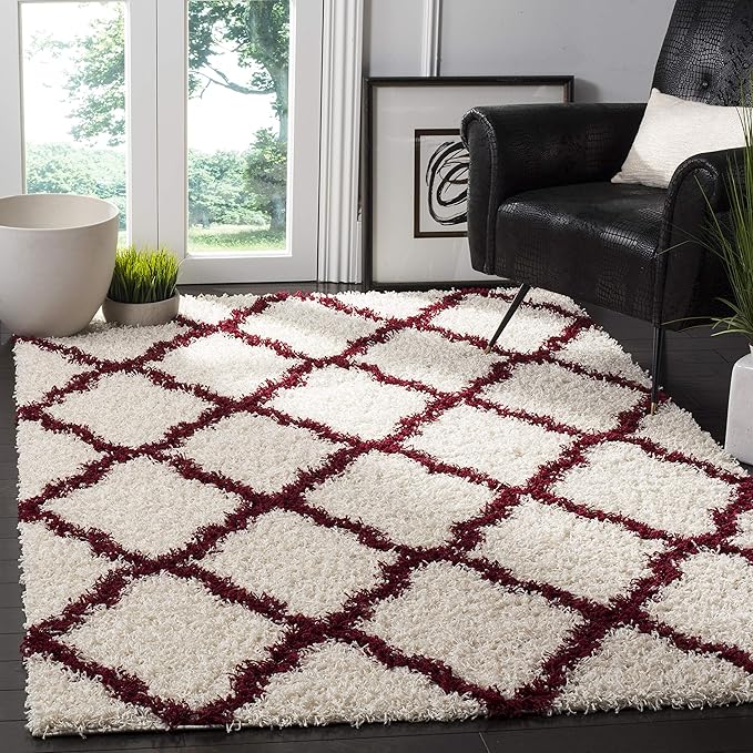 SAFAVIEH Dallas Shag Collection Area Rug - 6' x 9', Ivory & Red, Trellis Design, Non-Shedding & Easy Care, 1.5-inch Thick Ideal for High Traffic Areas in Living Room, Bedroom (SGD257R)