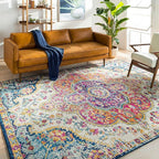 Livabliss Area Rugs - 8x10 Romaine Vintage Boho Fuchsia Mustard Blue Area Rug for Living Room Bedroom - Floral Medallion Stain Resistant Carpet for Kitchen, Nursery, Office (7'10" x 10'3")
