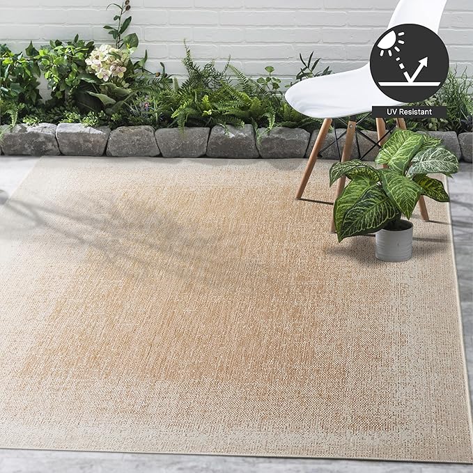 FH Home Outdoor Area Rug - Waterproof Easy to Clean Stain Resistant - Patio Indoor Outdoor Porch Deck Balcony Entryway - Ombre Modern - Dhruva - Beige - 7ft 8in x 9ft 8in