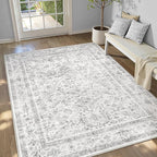 Grey 5x8 Area Rug Vintage Washable Living Room Carpet Non Slip Neutral Bedroom Indoor Office Low Pile Traditional Distressed Retro Gray Accent Rug for Dining Room Bathroom Kitchen