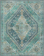 Bavni Washable Rug 8x10 Area Rug for Living Room Bedroom Dining, Washable Vintage Print Carpet, Ultra-Thin Chenille Low Pile Lightweight Rug with Non Slip Backing, Blue/Green