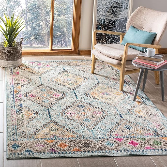 SAFAVIEH Madison Collection Area Rug - 6' x 9', Blue & Yellow, Boho Diamond Distressed Design, Non-Shedding & Easy Care, Ideal for High Traffic Areas in Living Room, Bedroom (MAD418K)