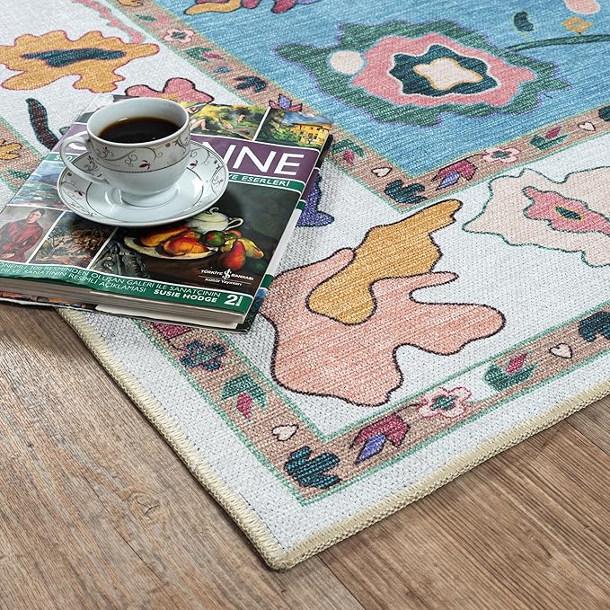Fame Living Colorful Oushak Rug, Modern, Vintage, Turkish, Eclectic, Floral, Pastel, Washable, Large Area Rugs for Living Room, Dining, Bedroom, Girls, Boys, 7'5"x9'8"