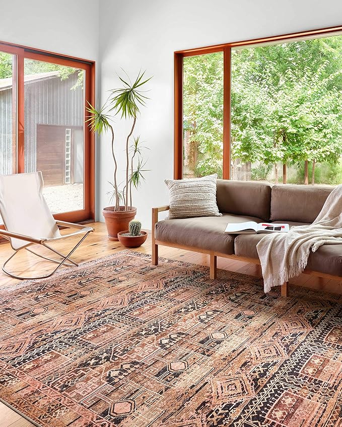 Loloi Layla Collection LAY-14 Mocha/Blush 2'-6" x 9'-6" .13" Thick Runner Rug, Soft, Durable, Vintage Inspired, Distressed, Low Pile, Non-Shedding, Easy Clean, Printed, Living Room Rug
