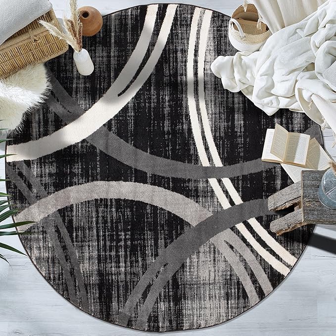 Rugshop Modern Wavy Circles Design Round Rug, Non-Shedding Carpet for Living Room, Dining Room, or Breakfast Nook, Black, 6'6" Round