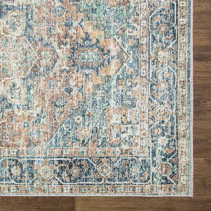 Bloom Rugs Caria Washable Non-Slip 6x9 Rug - Blue Green/Tangerine Traditional Area Rug for Living Room, Bedroom, Dining Room, and Kitchen - Exact Size: 6' x 9'