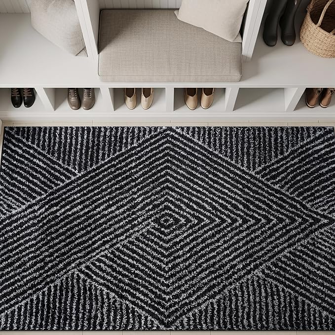 Rugshop Geometric Diamond Stripe Shag Area Rug Anthracite Dark Gray 4' x 6' Ideal for Small Living Rooms, Offices, or Beside The Bed