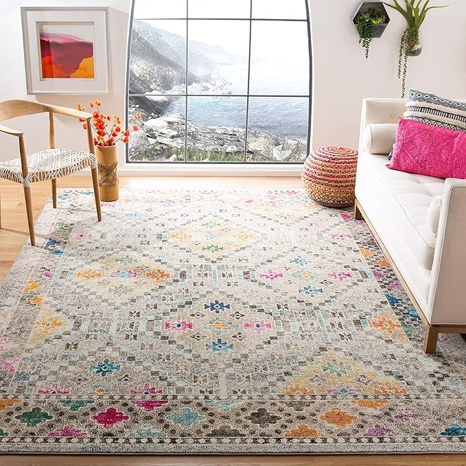 SAFAVIEH Madison Collection X-Large Area Rug - 12' x 15', Grey & Yellow, Boho Diamond Distressed Design, Non-Shedding & Easy Care, Ideal for High Traffic Areas in Living Room, Bedroom (MAD418F)