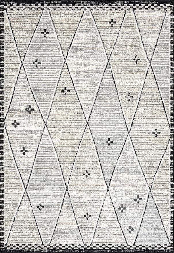 Abani Viva Cream & Grey Area Rug 4' x 6' for Living Room, Bedroom - Farmhouse Diamond Pattern - Durable & Easy to Clean