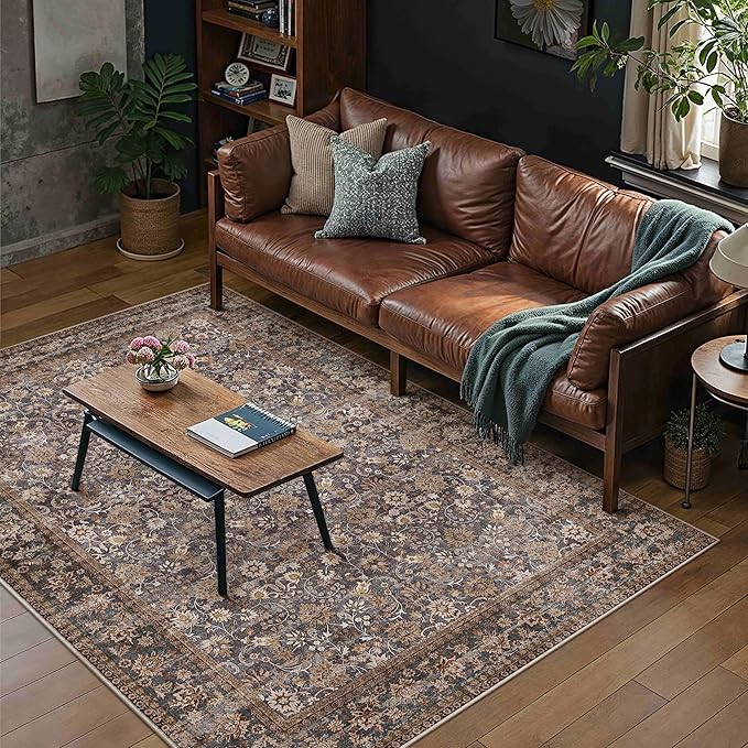 Hugear 5x7 Machine Washable Rugs Tradition Brown Hallway Area Rug Indoor Accent Rug Floral Low Pile Carpet Soft Throw Aesthetic Rug Bedroom Living Room Office Dining Room Kitchen Laundry Room Non Slip