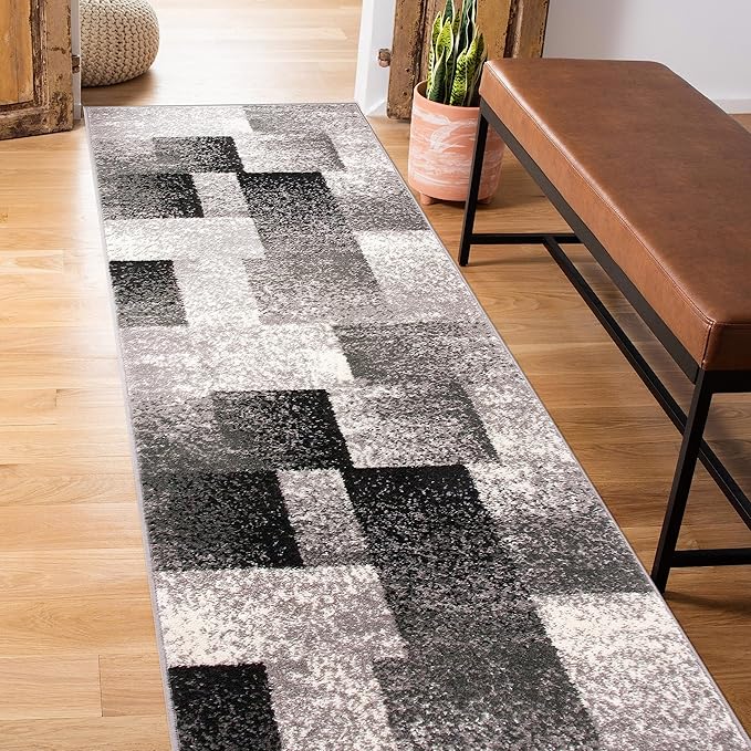 Rugshop Gray Modern Distressed Boxes Non-Shedding Runner Rug, Durable Low-Maintenance Design for Hallway, Corridor and Kitchen, 2' x 7'