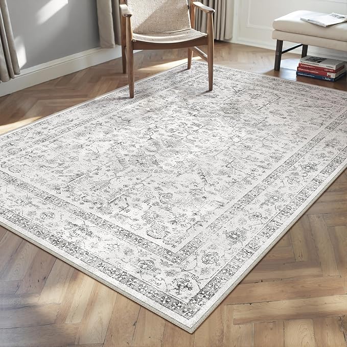 Grey 3x4 Entryway Rug Vintage Area Carpet Indoor Kitchen Washable Neutral Door Mat Entrance Small Low Pile Traditional Distressed Gray Retro Accent Throw Rug Non Slip Office Bathroom