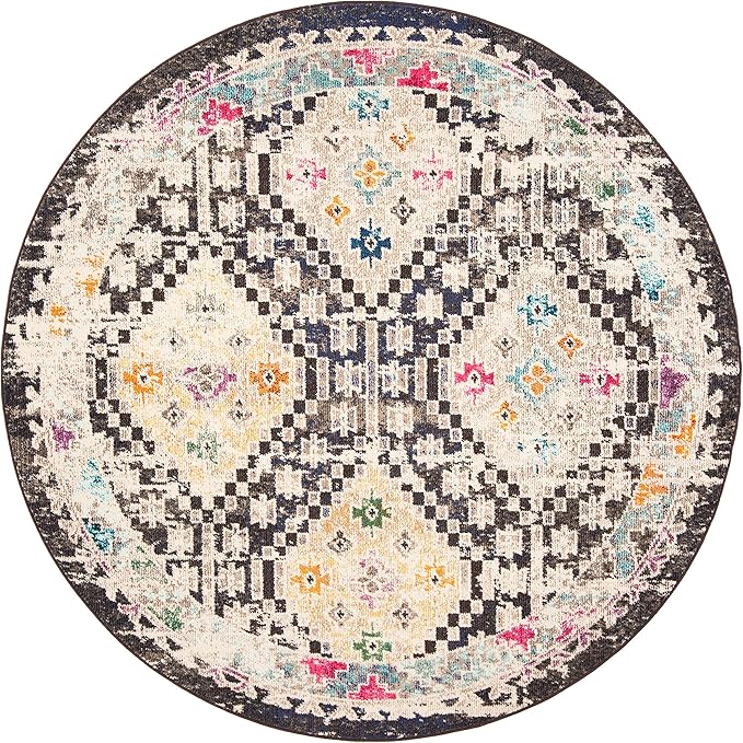 SAFAVIEH Madison Collection Area Rug - 9' Round, Black & Yellow, Boho Diamond Distressed Design, Non-Shedding & Easy Care, Ideal for High Traffic Areas in Living Room, Bedroom (MAD418Z)