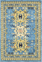 Unique Loom Taftan Collection Border Geometric Tribal Inspired Design Area Rug (4' 0 x 6' 0 Rectangular, Light Blue/ Gold)