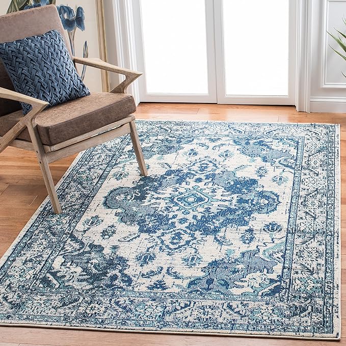 SAFAVIEH Monaco Collection MNC243A Boho Chic Medallion Distressed Non-Shedding Living Room Bedroom Accent Area Rug, 3' x 5', Ivory / Blue