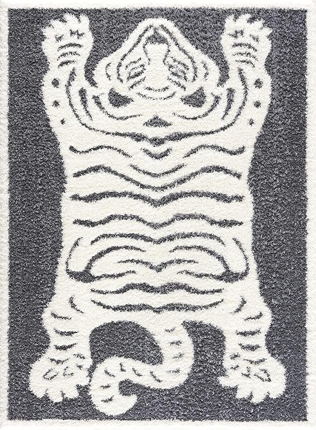 Hauteloom Tilos Moroccan Farmhouse Living Room Bedroom Nursery Shag Area Rug - Shaggy Carpet - Tiger Pattern - High Plush Pile - Dark Grey, Charcoal, Beige, Cream - 7'10" x 10'