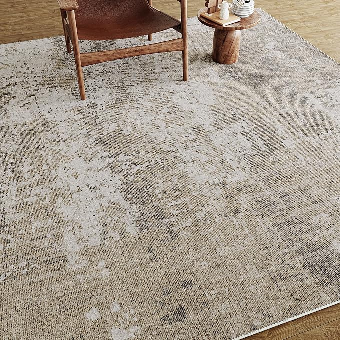 Modern Abstract Beige Gray Area Rug 2x6 Hallway Runner Machine Washable Carpet Bathroom Kitchen Indoor Accent Throw Low Pile Non Slip Distressed Laundry Living Dining Room Bedroom Office