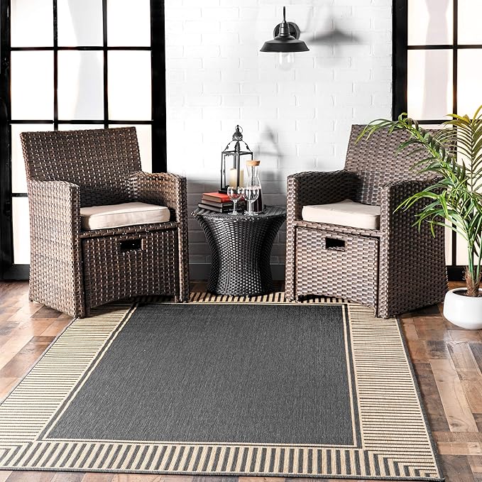 Nuloom Asha Dark Grey/Ivory, 9'6" x 12', Casual, Striped Border, Soft and Cozy, High Traffic, Stain Resistant, Easy Clean, Durable Area Rug for Indoor/Outdoor Patio, Deck, Porch, Garden, Courtyard
