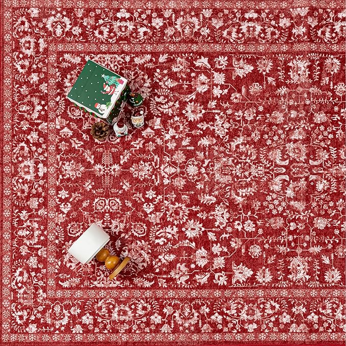 Christmas Area Rug 5x7 Red Washable Living Room Carpet Retro Distressed Floral Holiday Decor Rug Non Slip Soft Decorative Xmas Doormat for Bedroom Office Dining Room Bathroom Kitchen
