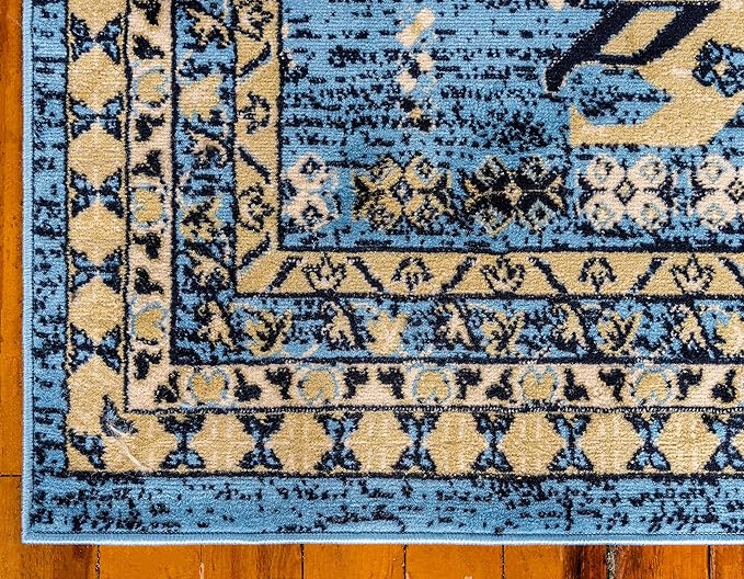 Unique Loom Taftan Collection Border Geometric Tribal Inspired Design Area Rug (8' 0 x 10' 0 Rectangular, Light Blue/ Gold)