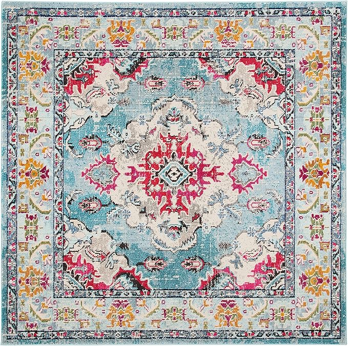 SAFAVIEH Monaco Collection Area Rug - 8'8" Square, Light Blue & Fuchsia, Boho Chic Medallion Distressed Design, Non-Shedding & Easy Care, Ideal for High Traffic Areas in Living Room, Bedroom (MNC243J)