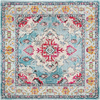 SAFAVIEH Monaco Collection Area Rug - 6'7" Square, Light Blue & Fuchsia, Boho Chic Medallion Distressed Design, Non-Shedding & Easy Care, Ideal for High Traffic Areas in Living Room, Bedroom (MNC243J)
