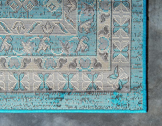 Unique Loom Taftan Collection Border Geometric Tribal Inspired Design Area Rug (9' 0 x 12' 0 Rectangular, Turquoise/ Gray)