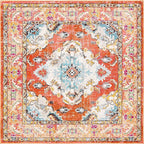 SAFAVIEH Monaco Collection Area Rug - 6'7" Square, Orange & Light Blue, Boho Chic Medallion Distressed Design, Non-Shedding & Easy Care, Ideal for High Traffic Areas in Living Room, Bedroom (MNC243H)