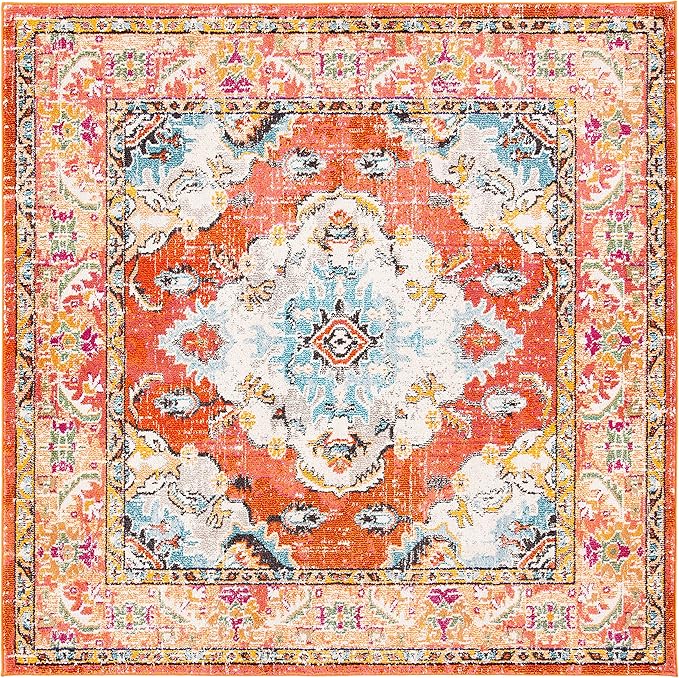 SAFAVIEH Monaco Collection Area Rug - 6'7" Square, Orange & Light Blue, Boho Chic Medallion Distressed Design, Non-Shedding & Easy Care, Ideal for High Traffic Areas in Living Room, Bedroom (MNC243H)