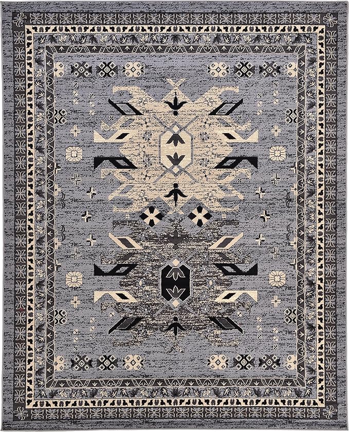 Unique Loom Taftan Collection Border Geometric Tribal Inspired Design Area Rug (8' 0 x 10' 0 Rectangular, Gray/ Black)