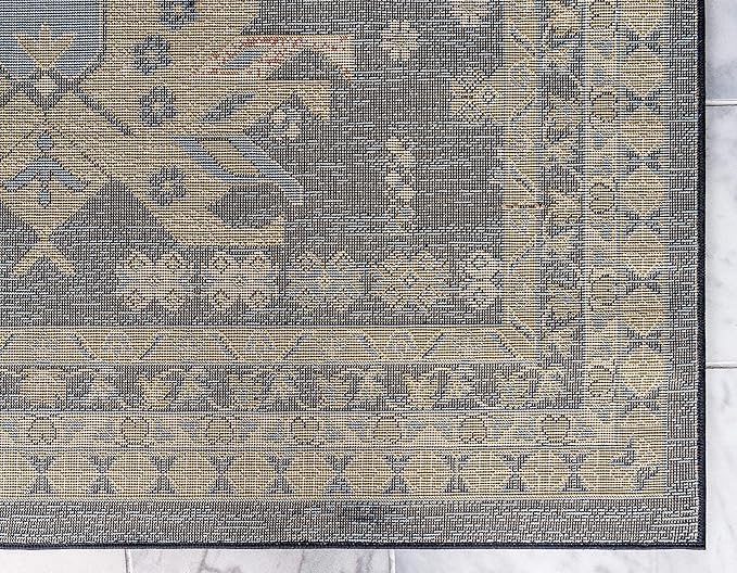Unique Loom Taftan Collection Border Geometric Tribal Inspired Design Area Rug (9' 10 x 13' 0 Rectangular, Navy Blue/ Gold)
