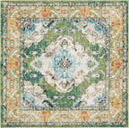 SAFAVIEH Monaco Collection Area Rug - 4' Square, Forest Green & Light Blue, Medallion Distressed Design, Non-Shedding & Easy Care, Ideal for High Traffic Areas in Living Room, Bedroom (MNC243F)