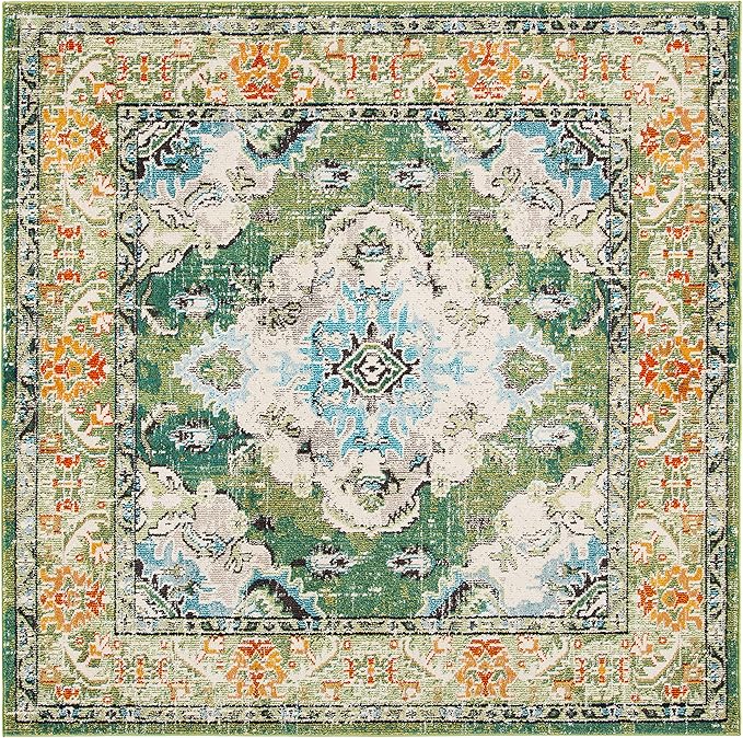 SAFAVIEH Monaco Collection Area Rug - 8'8" Square, Forest Green & Light Blue, Medallion Distressed Design, Non-Shedding & Easy Care, Ideal for High Traffic Areas in Living Room, Bedroom (MNC243F)