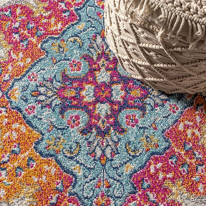 JONATHAN Y Boho Vintage Blue/Multi 6' Round Area Rug, Bohemian Flair Medallion, Floral Easy-Cleaning High Traffic for Living Room, Bedroom, Kitchen, Pet-Friendly, Non Shedding (BMF106A-6R)