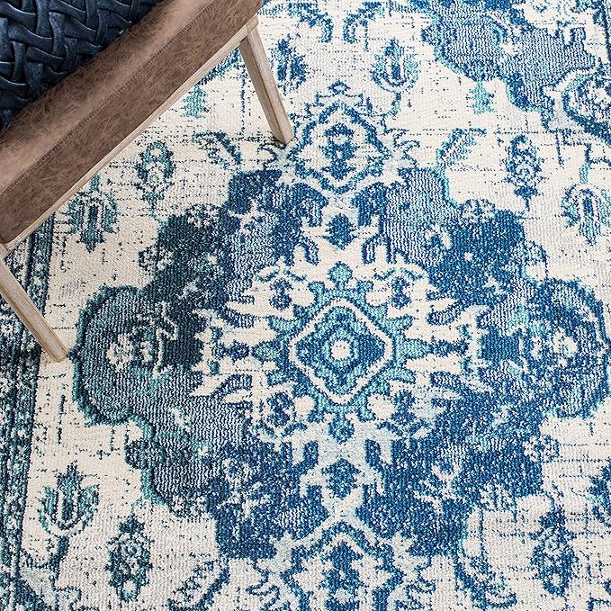 SAFAVIEH Monaco Collection Accent Rug - 4' x 5'7", Ivory & Blue, Boho Medallion Distressed Design, Non-Shedding & Easy Care, Ideal for High Traffic Areas in Entryway, Living Room, Bedroom (MNC243A)