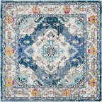 SAFAVIEH Monaco Collection Area Rug - 8' Square, Navy & Light Blue, Boho Chic Medallion Distressed Design, Non-Shedding & Easy Care, Ideal for High Traffic Areas in Living Room, Bedroom (MNC243N)