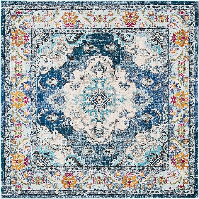 SAFAVIEH Monaco Collection Area Rug - 10' Square, Navy & Light Blue, Boho Chic Medallion Distressed Design, Non-Shedding & Easy Care, Ideal for High Traffic Areas in Living Room, Bedroom (MNC243N)
