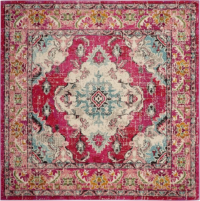 SAFAVIEH Monaco Collection Area Rug - 8' Square, Pink & Multi, Boho Chic Medallion Distressed Design, Non-Shedding & Easy Care, Ideal for High Traffic Areas in Living Room, Bedroom (MNC243D)
